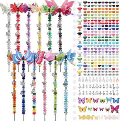 380pcs Beaded Garden Stake, DIY Butterfly Fairy Wand Garden Stake Kit with 10IN Threaded Rod Crystal Stopper Top Large Holes Beads Butterfly Decoration Pendants Outdoor Fairy Garden kit