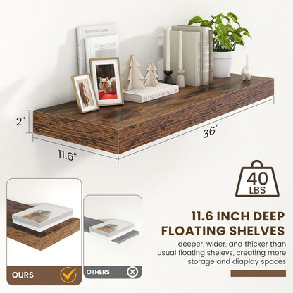 Deep Floating Shelves for Wall | 36 Inch Wide x 12 Inch Deep Floating Shelves | 36W x 12D Rustic Wood Wide Wall Shelves | Bookshelf Laundry Shelf TV Shelf