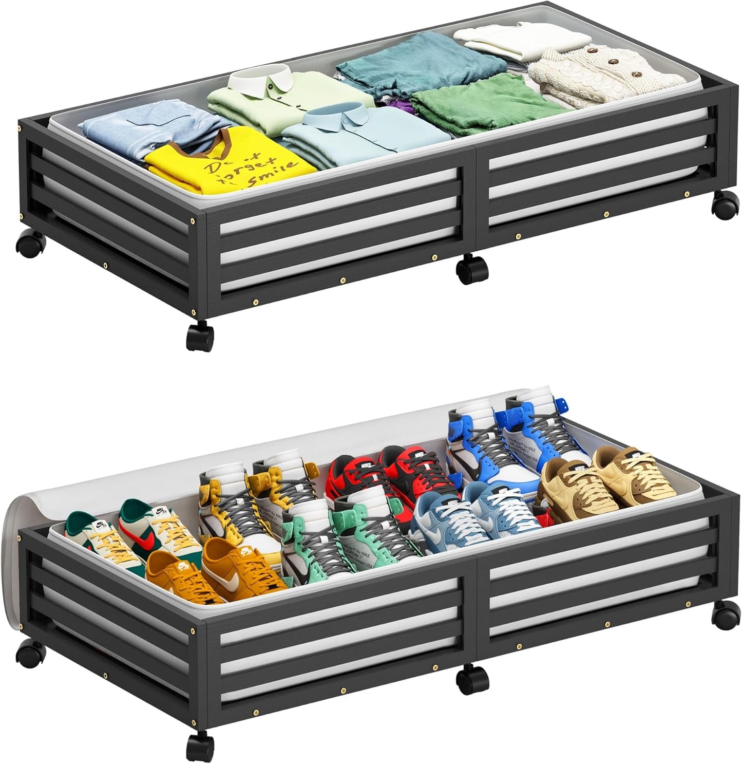 Bamboo Under Bed Storage Containers- Underbed Organizer with Wheels with Large Dust Bag,Sturdy Wood Rolling Under the Bed Shoe Storage Organizer Drawer 2 Packs (Black, Long)
