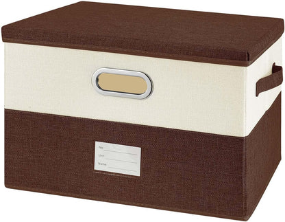 Large Linen Fabric Foldable Storage Bins with Removable Lid and Handles, Washable Storage Box Organizer Containers Baskets Cube with Cover for Bedroom,Closet,Office(Coffee&Cream, Large)
