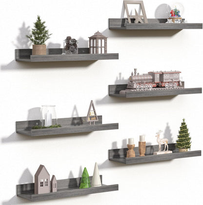 upsimples Floating Shelves for Wall, Wall Shelves for Decor Storage Set of 6, Wall Mounted Wood Shelf for Bedroom, Living Room, Bathroom, Kitchen, Picture Ledge Shelf, Grey