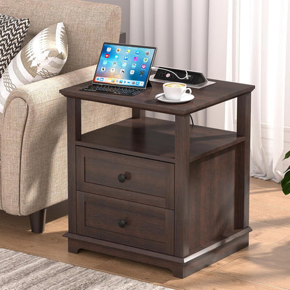 HIFYOBRO 24" Tall End Table with 2 Drawers and Charging Station, Type-C & USB Port & Power outlets, Wooden Storage Cabinet, 21" W Large Side Table with Storage for Living Room and Bedroom (Espresso)