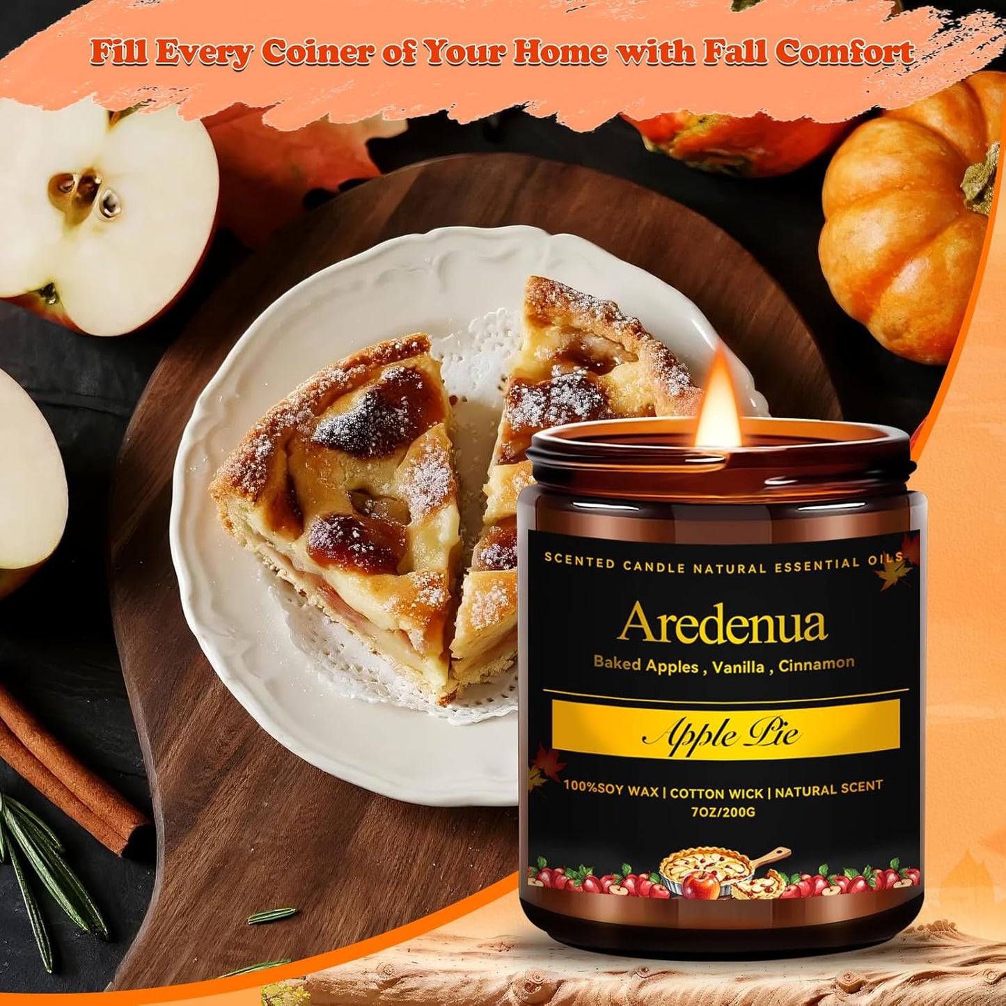 Fall Candles - Apple Pie Candle | Apple Scented Candles for Thanksgiving, 7oz Fall & Winter Soy Candle for Home Scented, 50 Hours Burn Time, Harvest Holiday/Halloween/Autumn Gifts for Women Men