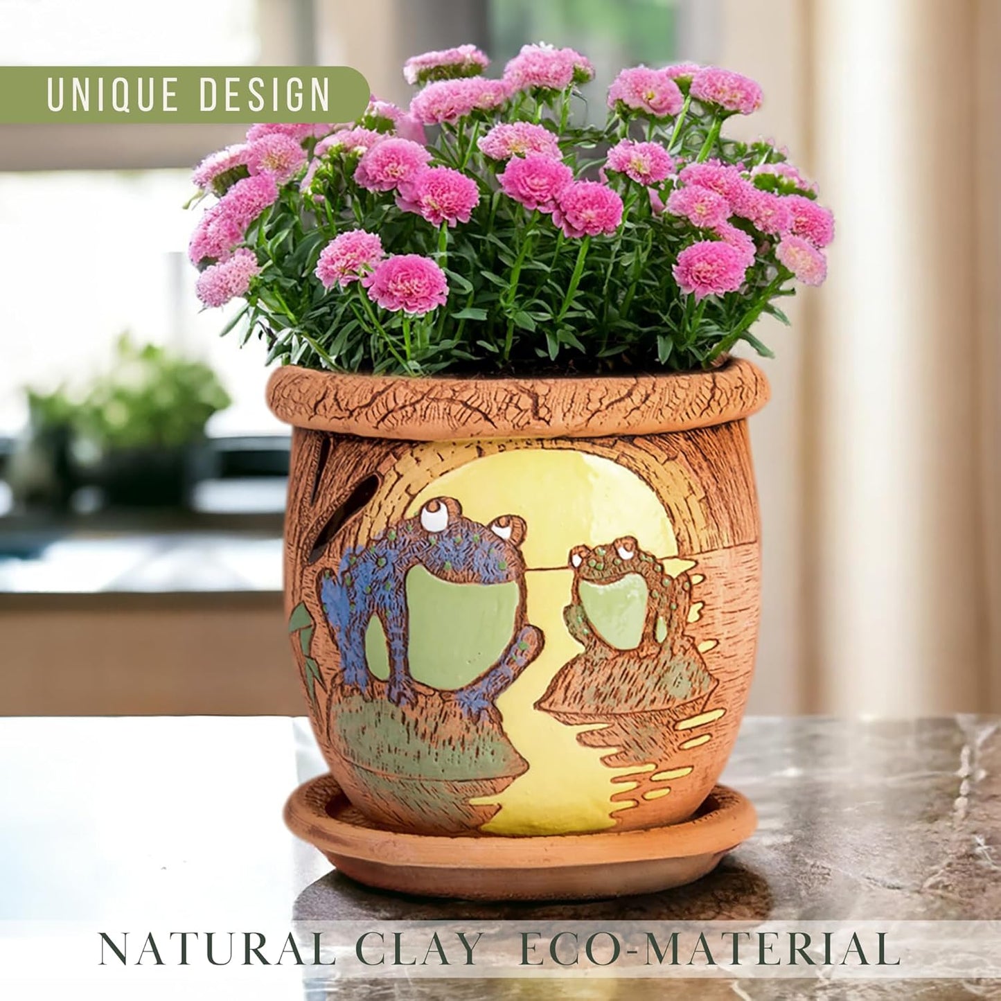 Ceramic Pot with Drainage Hole and Saucer, Plant Pots, Modern Decorative Planters for House Plants Indoor Flowers Plants, Cute Flower Pot - Gifts (Frogs (1.6 L))