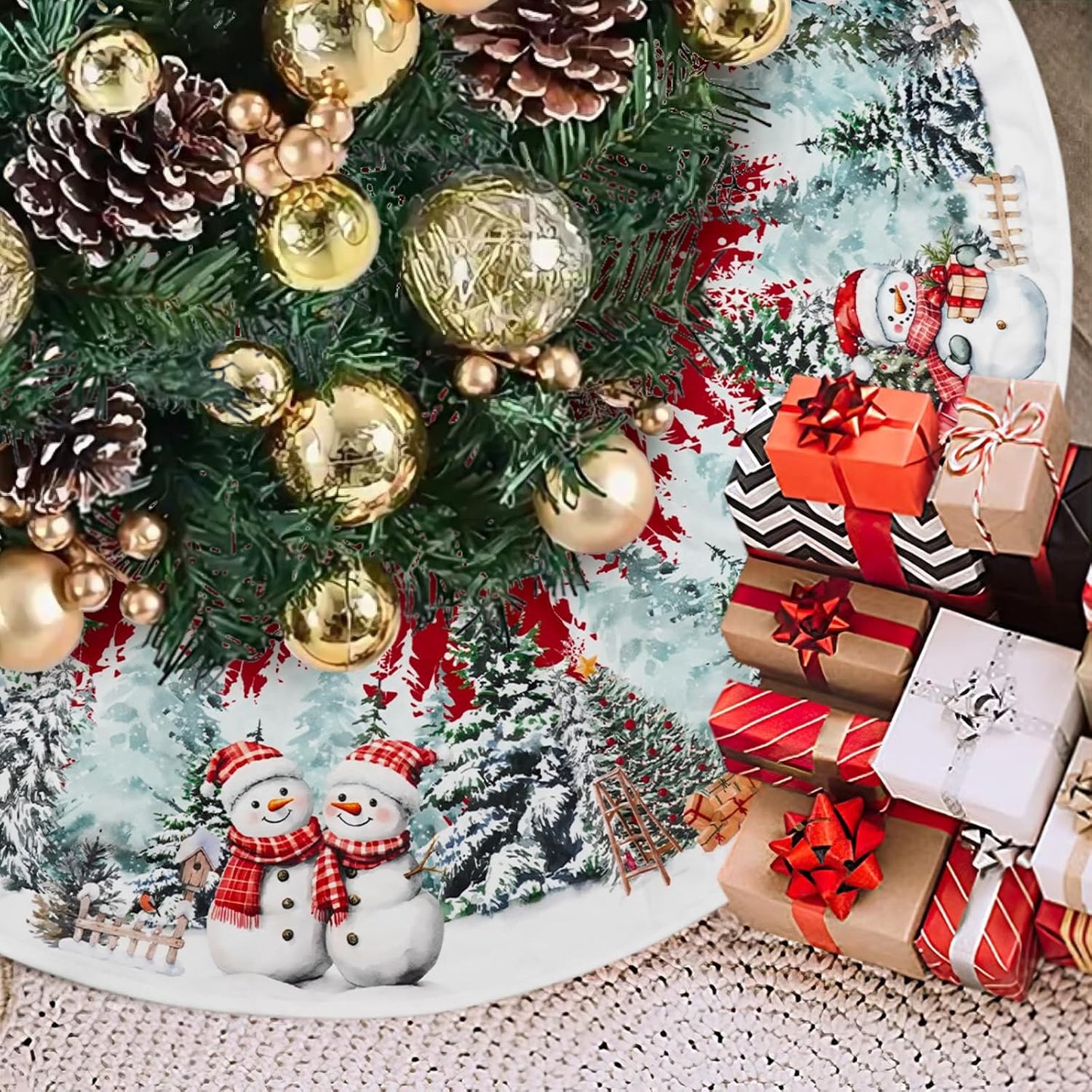 Christmas Tree Skirt 36 Inch, Red Snowman Trucker Xmas Tree Skirts, Winter Christmas Trees Mat for Home Party Holiday Indoor Outdoor Decorations
