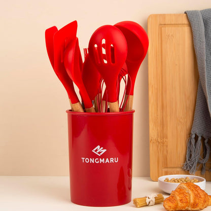 Silicone Cooking Utensils Set, Premium Beech Wood Handle Kitchen Gadgets Utensil Set, Non-Stick Kitchen Utensils Spatula, Tongs, Turner, Whisk, Brush, Spoon, BPA FREE, 446°F Resistant (Red)