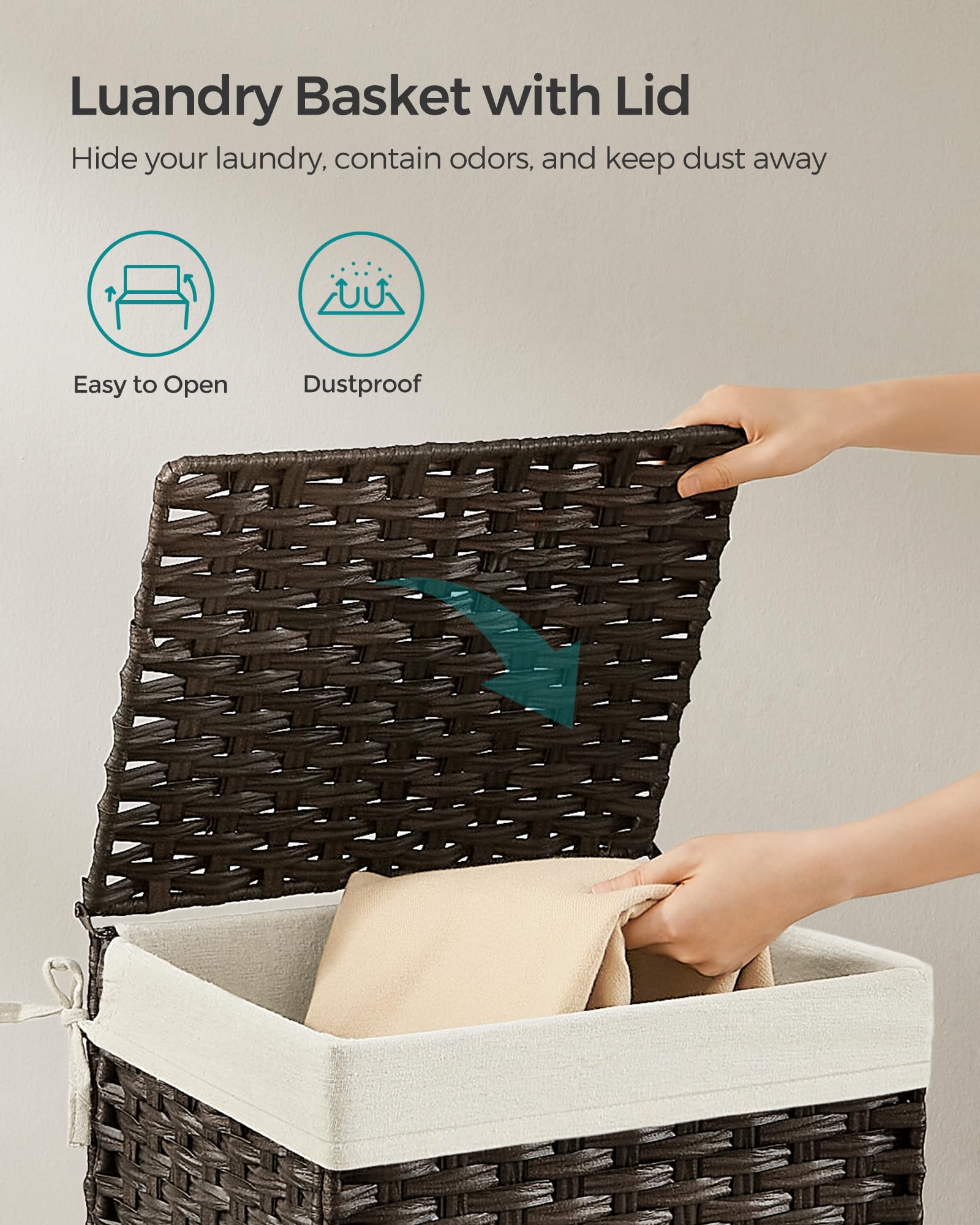 SONGMICS Storage Basket with Lid, Woven Blanket Storage Bin with Handles, Foldable, Removable