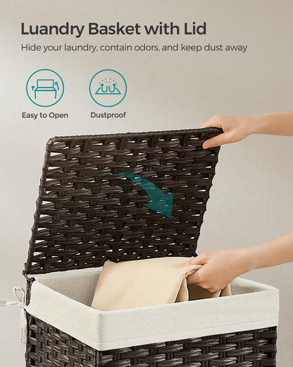 SONGMICS Storage Basket with Lid, Woven Blanket Storage Bin with Handles, Foldable, Removable