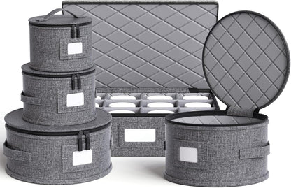 YearningHome China Storage Containers,Hard Shell Box with Felt Dividers for Dishes,Dinnerware,Plates,Mugs,Wine and Glasses,Mugs,Stackable Fine China Storage for Moving and Packing 5 Piece,Grey