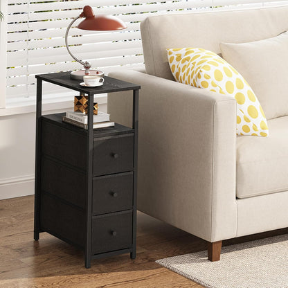 TUTOTAK Narrow Night Stand, Slim End Table, Tall Side Table with 3 Fabric Drawer, Small Bedside Table with Storage, Set of 2, for Living Room, Bedroom, Black TB01BK072