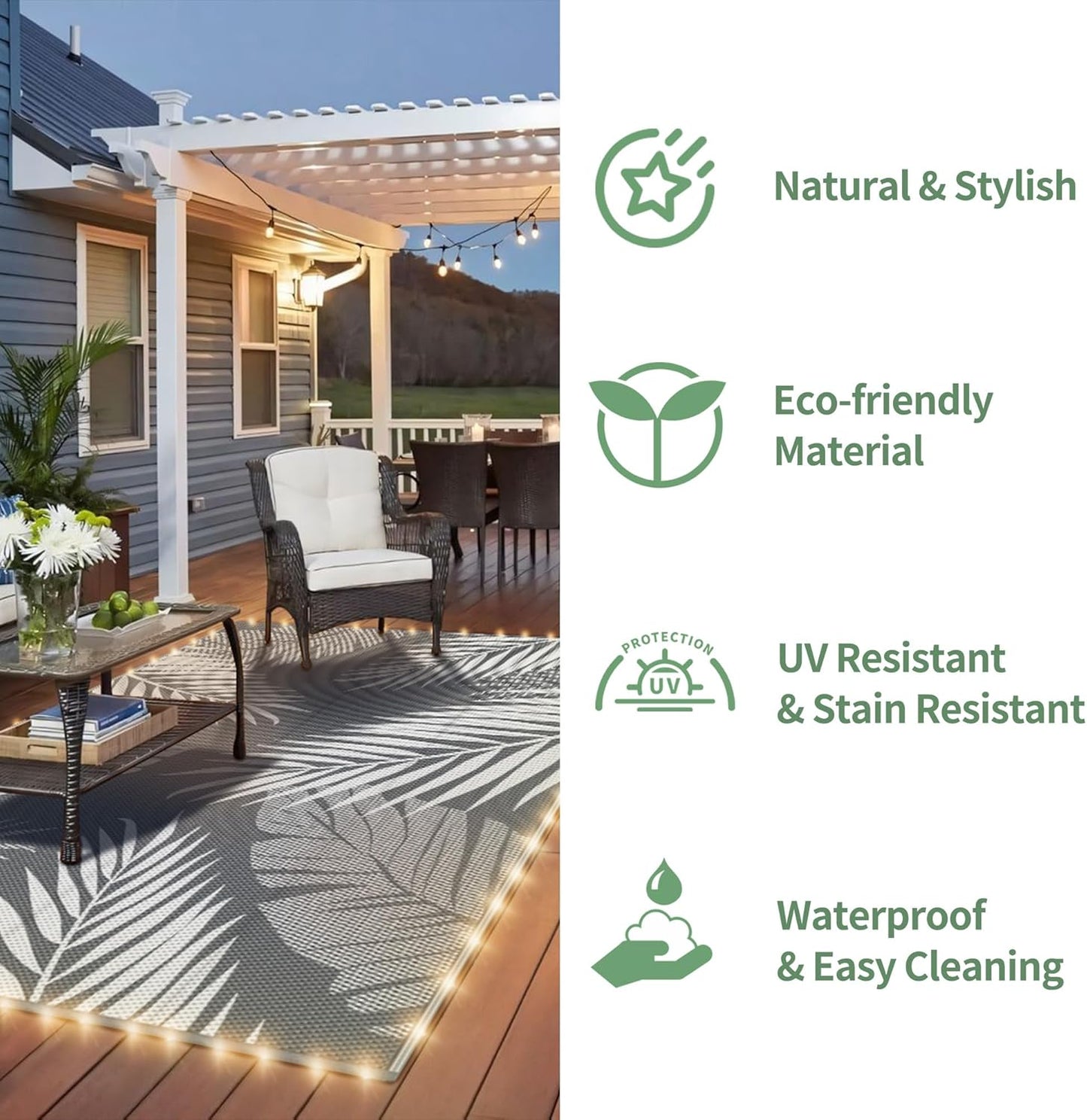 GENIMO Outdoor Rug 6' x 9' Waterproof for Patios Clearance, Reversible Outdoor Plastic Straw Camping Rug Carpet with LED String Light, Area Rugs Mats for RV, Camper, Deck, Balcony, Porch, Grey&White