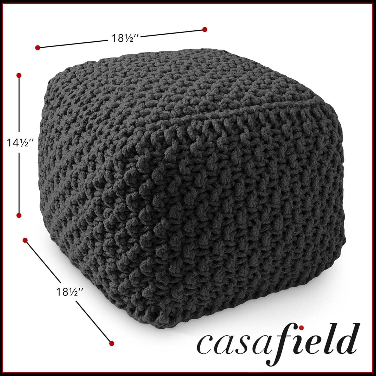Casafield Square Pouf Ottoman, Black - 18.5" W x 18.5" D x 14.5" H Cotton Knit Foot Stool - Boho Floor Pouffe for Living Room, Bedroom, Home Office
