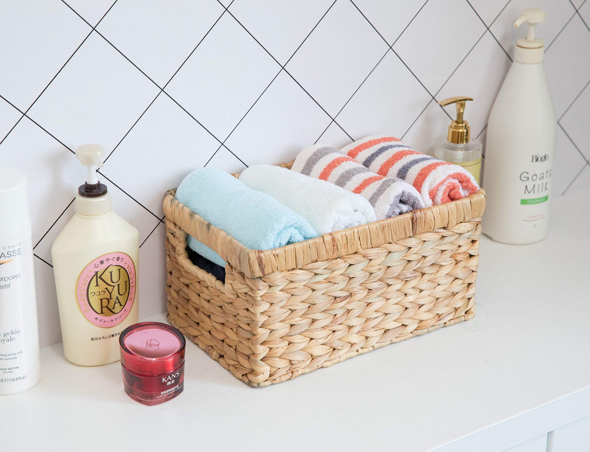 Natural Woven Water Hyacinth Rectangular Wicker Basket with Handles, Small Storage Bin Organizer