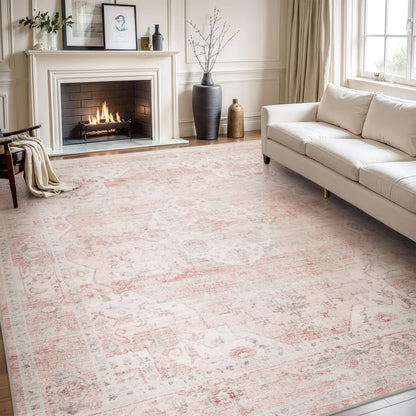 AMOAMI-Area Rug 5X7 Rugs for Living Room-Vintage Soft Pink Rugs for Bedroom-Non Slip Carpet-Machine Washable Rug for Dining Room Living Room Bedroom Office Under Table
