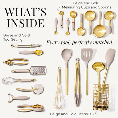 Styled Settings 23-Piece Beige and Gold Utensils Set – Silicone Nonstick Cooking Tools with Garlic Press, Can Opener, Measuring Cups, Utensil Holder – Luxury Kitchen Accessories for Modern Homes