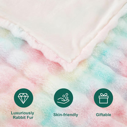 DREAMNINE Large Colorful Soft Fluffy Bubble Faux Rabbit Fur Blanket Queen Size 80" x 90", Luxury Double Sided Big Thick Fuzzy Bed Blankets, Cute Warm Cozy Plush Comfy Furry Blanket for Winter, Rainbow