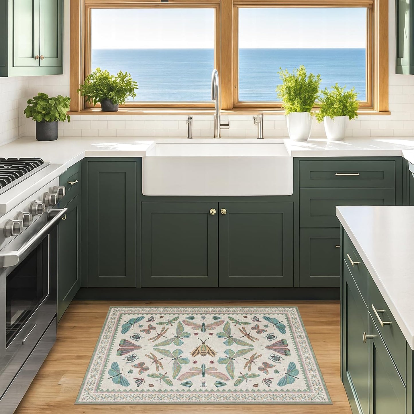 Washable Boho Bathroom Rug 2x3, Small Throw Rugs for Kitchen, Powder Room, Front Door Indoor Entrance, Non Slip Low Pile Stain Resistant, Dusty Green Colorful Cool Insect Aethestic