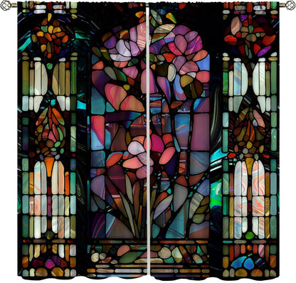 Stained Glass Curtains,Vintage Colorful Abstract Art Home Decor Drapes for Bedroom Living Room Kitchen Window Treatment 2 Panels Set Total Size 63" W X 63" L Inch