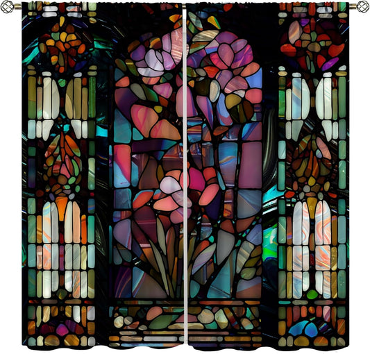 Stained Glass Curtains,Vintage Colorful Abstract Art Home Decor Drapes for Bedroom Living Room Kitchen Window Treatment 2 Panels Set Total Size 42" W X 45" L Inch