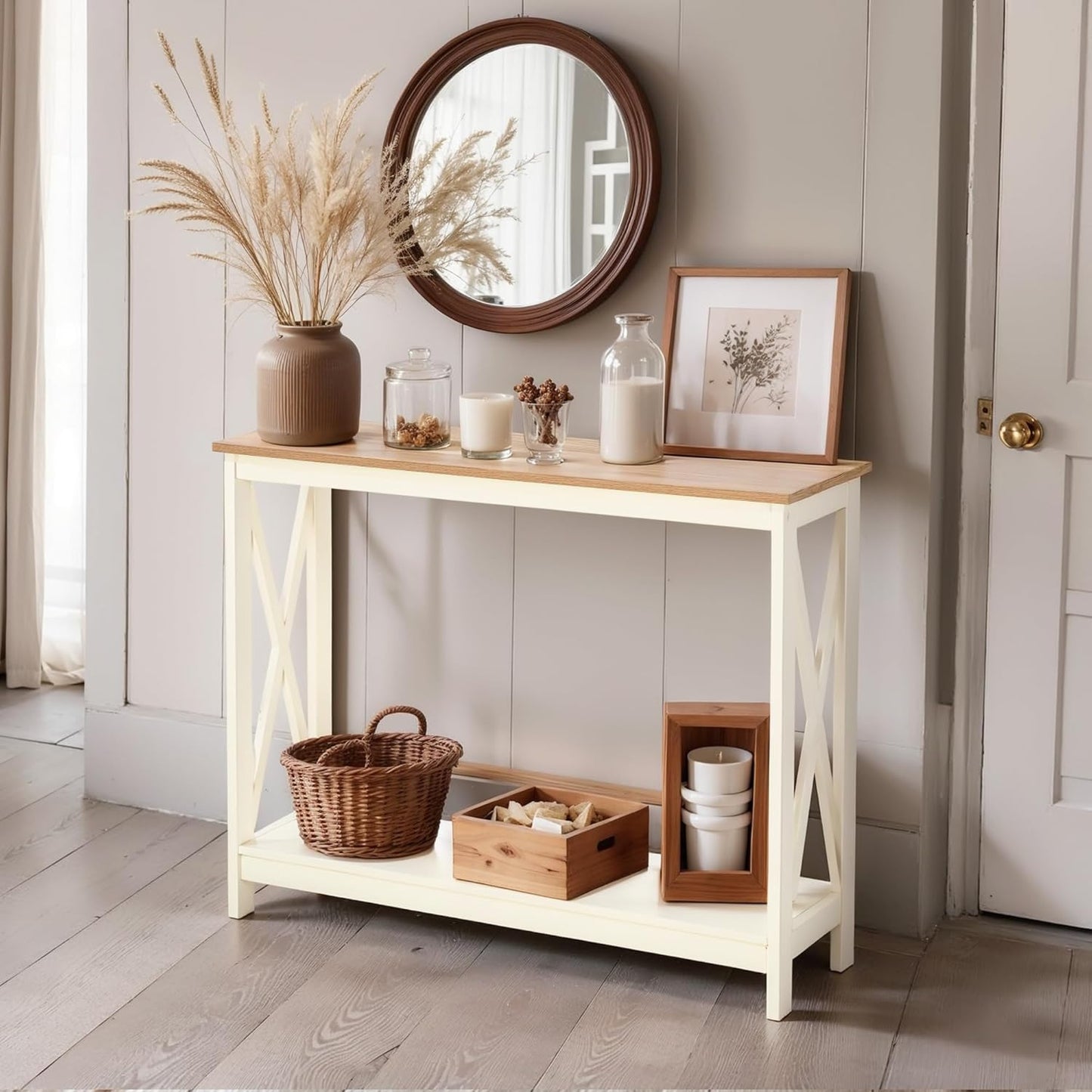 ALPHA HOME Console Table for Entryway, 2 Tier Storage Shelf Farmhouse Entryway Table, X-Shaped Design Narrow Sofa Table for Hallway, Living Room, Ivory