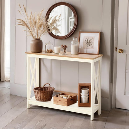 ALPHA HOME Console Table for Entryway, 2 Tier Storage Shelf Farmhouse Entryway Table, X-Shaped Design Narrow Sofa Table for Hallway, Living Room, Ivory