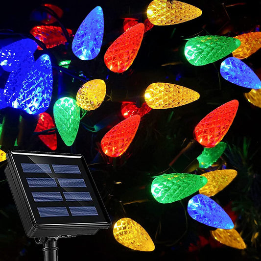 HUGSVIK C6 Solar Christmas Lights Outdoor Waterproof, 21Ft 50LED Strawberry Colored, 8 Modes Solar Powered for Tree Wreath Garland Garden Patio