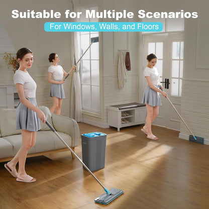 JOYMOOP Mop and Bucket Set with Wringer, Mops for Floor Cleaning, Wall Mop Cleaner with Long Handle, with 6 Reusable Microfiber Mop Pads - Grey+Cyan Blue