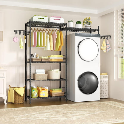 Ulif 65.3" W x 13.4" D x 77.5" H Clothes Drying Rack, 5 Tiers Over Washer and Dryer Laundry Room Storage and Organizer, Heavy-Duty Space Saver, Black