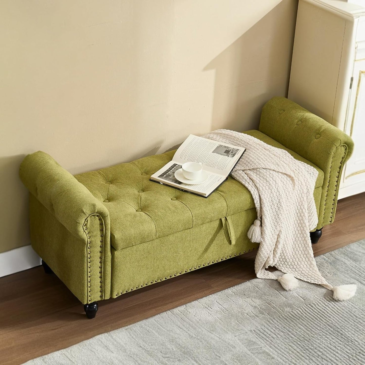 Furniliving 55” End of Bed Bench, Bedroom Bench with Button-Tufted, Large Upholstered Storage Ottoman Benches Entryway Bench with Storage Shoe Cabinet Bench, for Bedroom, Living Room, Linen, Green
