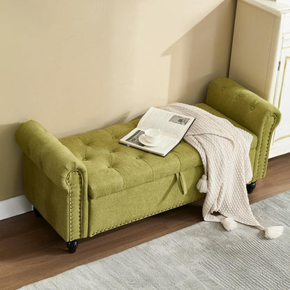 Furniliving 55” End of Bed Bench, Bedroom Bench with Button-Tufted, Large Upholstered Storage Ottoman Benches Entryway Bench with Storage Shoe Cabinet Bench, for Bedroom, Living Room, Linen, Green