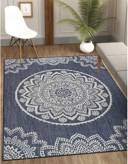 CAMILSON Outdoor Rug 10x14 Modern Area Rugs for Large Indoor and Outdoor Patios and Porches - Waterproof Washable Non-Shedding Easy-to-Clean Outside Carpet (10 x 14, Medallion - Blue/White)