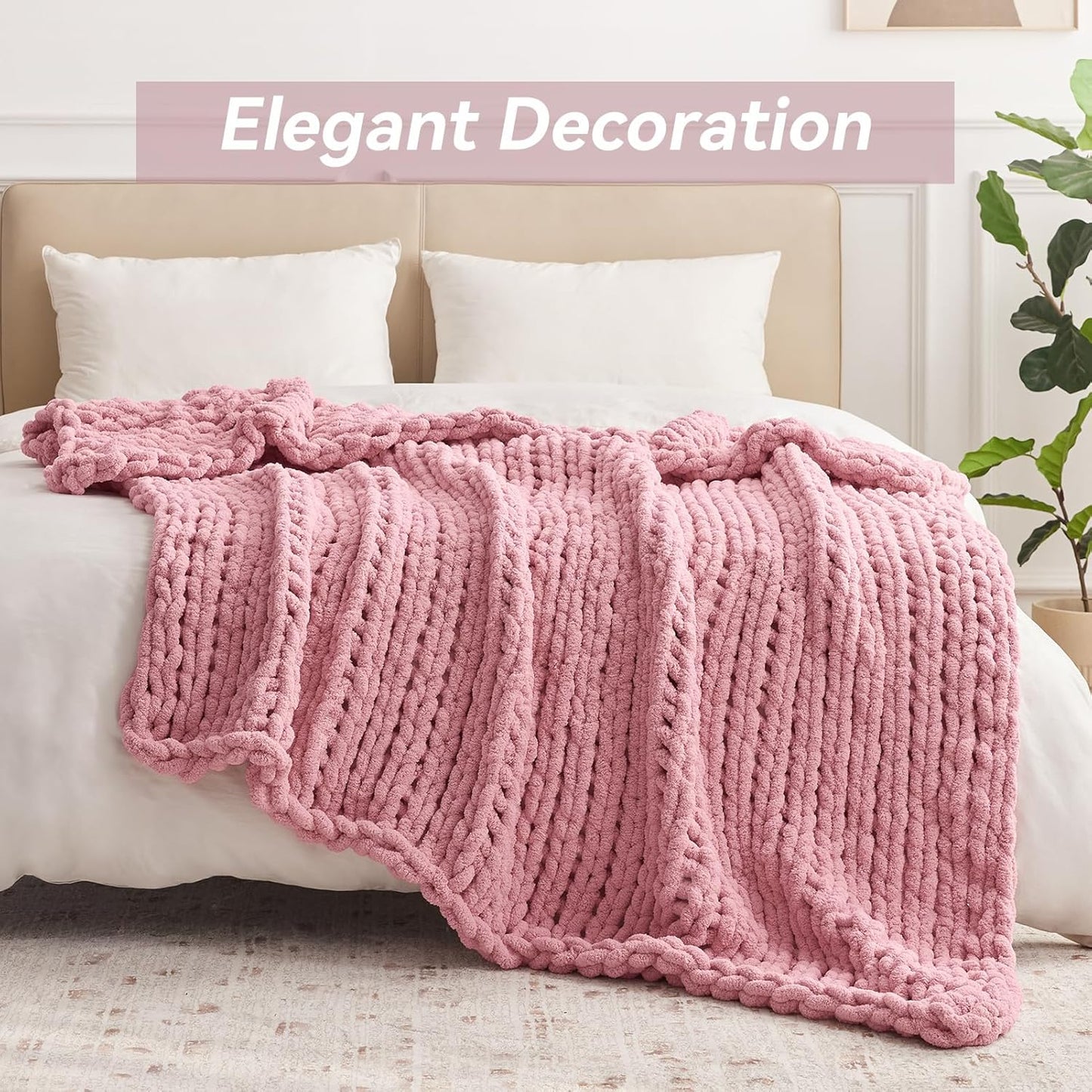 Chunky Knit Throw Blanket, 60''*80'' Knitted Throw Chenille Yarn for Bed Couch, Handmade Light Pink Crochet Big Thick Blanket, Machine Washable Cute Comfy Blanket for Home Decor