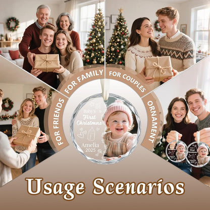 Personalized Baby's First Christmas Ornament 2025, Custom Christmas Photo Crystal Glass Ornaments with Name or Date, Personalized Christmas Tree Decor Gifts for Family, Friends,Pet or Baby