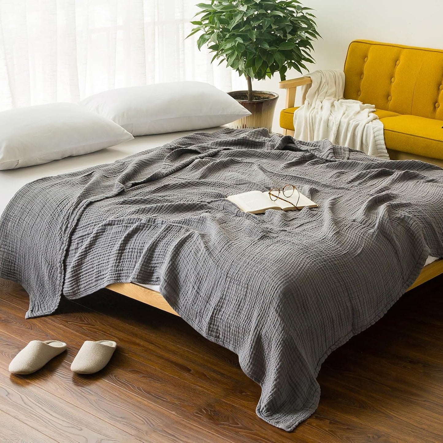 EMME Cotton Blanket Queen Size for Bed Soft Large Muslin Bed Blankets 90"*90" Lightweight Breathable Grey Blanket All Season Gauze Blanket, Grey