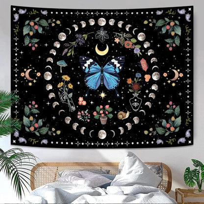 Aipon Blue Butterfly Moon Flower Tapestry Botanical Boho Plant Floral Wall Hanging for Bedroom and Living Room (36.00'' 48.00'', Blue)