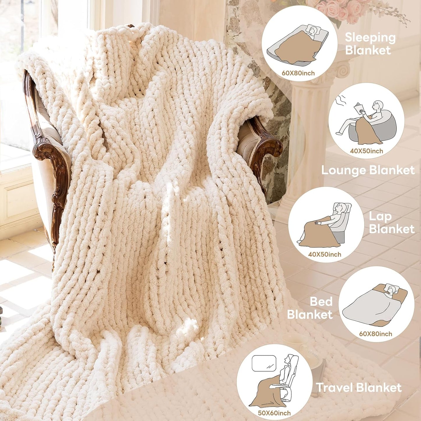 Chunky Knit Blanket - Luxury Soft Cozy50 * 60 Throw Blanket,100% Woven Blanket Rope Knot Throw Blanket for Couch, Sofa, Home Decor, Gift - Machine Washable（Cream）