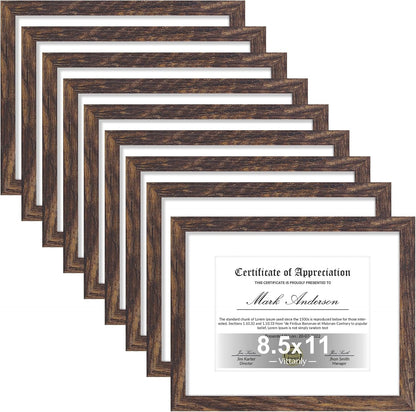 Vittanly 8.5x11 Picture Frames Set of 9, Shatter Resistant Plexiglass, Display 6x8 Pictures with Mat or 8.5x11 without Mat, Photo Frames for Wall or Tabletop, Engineered Wood, Brown