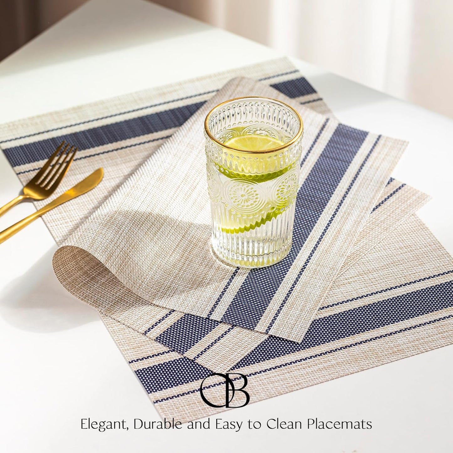 Placemat Set of 4 - Easy Clean Woven Vinyl Placemats for Dining Table, Indoor/Outdoor Place Mats, Washable PVC Table Mats（Blue Skyline）