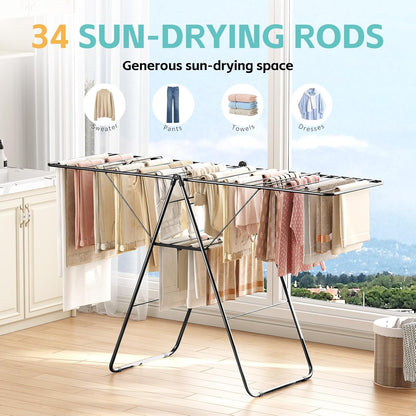 APEXCHASER Clothes Drying Rack, Oversized Drying Rack Clothing with Height-Adjustable, Foldable Gullwings Metal Laundry Rack, Indoor Outdoor Use, No Assembly, Black
