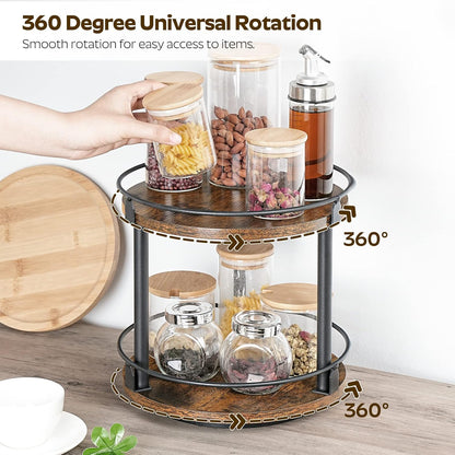 Lazy Susan Organizer, Rotating Spice Rack, 2 Tier Spice Turntable Organizer, Industrial Turntable Spice Holder, for Kitchen Countertop and Cabinet, Compact and Versatile, Rustic Brown SR22BR