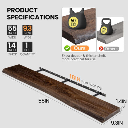 Floating Shelves for Wall, 55"x9.3" Rustic Solid Live-Edge Elm Wood Wall Shelves, Heavy-Duty Floating Shelves with Invisible Brackets, Set of 2 for Living Room, Bedroom, and Kitchen, Walnut Finish