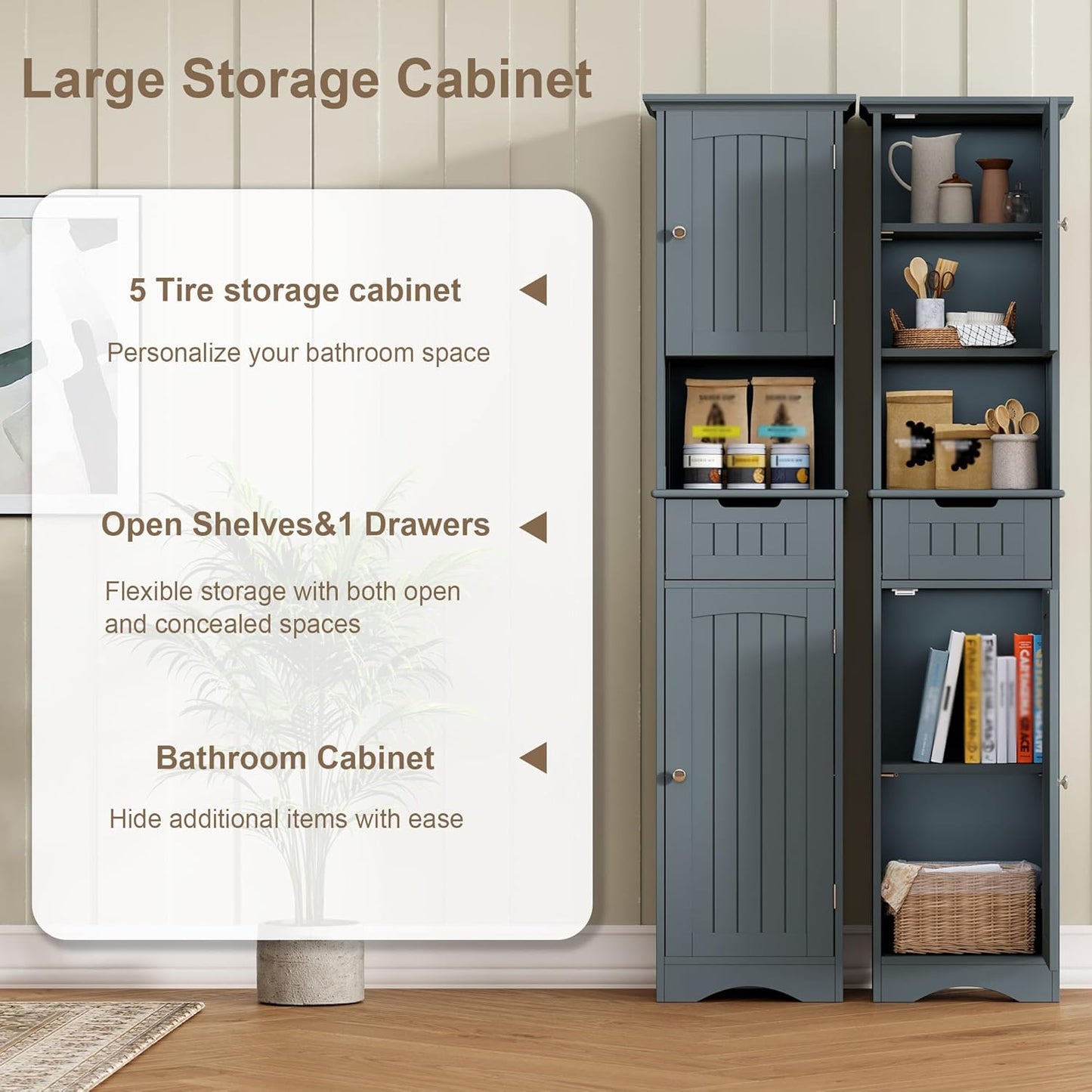 ChooChoo 67" Tall Bathroom Storage Cabinet Freestanding with Adjustable Shelves, Narrow Storage Linen Cabinet with 2 Doors and 1 Drawers for Bathroom, Living Room, Kitchen, Grey