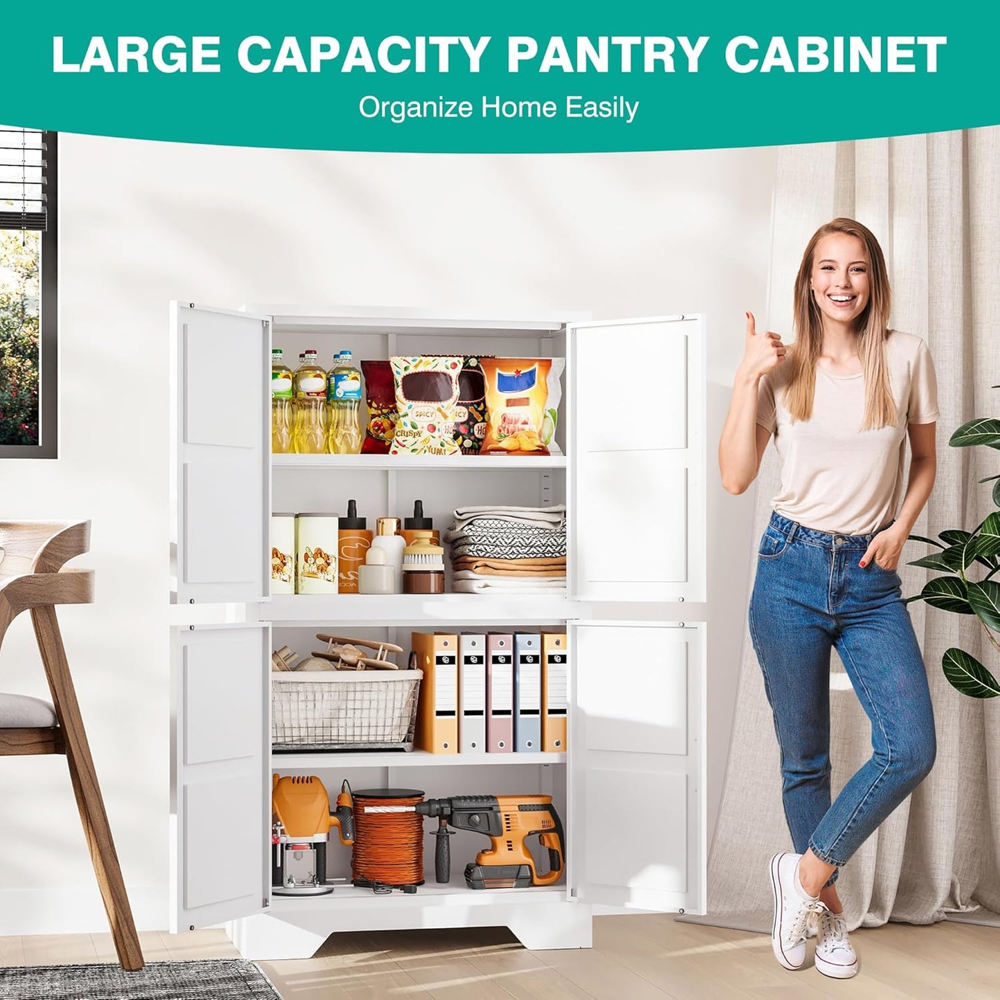 SISESOL White Storage Cabinet with 4 Doors and 2 Adjustable Shelves,Farmhouse Food Pantry Cabinets,Small Bathroom Cabinet,4 Tier Metal Storage Cabinets for Home Kitchen,Dining/Living/Laundry/Room