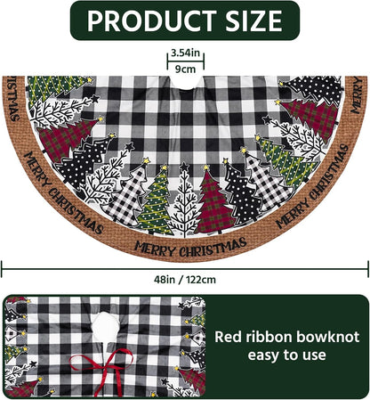 Christmas Tree Skirt 48 Inch, Black and White Buffalo Plaid Xmas Tree Skirts, Winter Christmas Trees Mat for Home Party Holiday Indoor Outdoor Decorations