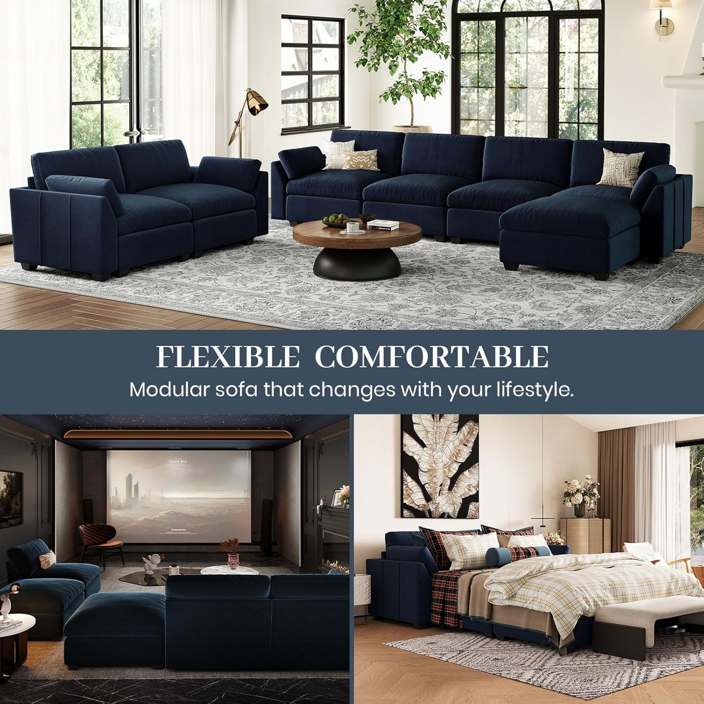 Belffin Extra Large Modular Sectional Sofa,106.3" 4-Seater L Shaped Couch,Velvet Convertible Sectional Couches for Living Room,Comfy Upholstered Modern Cloud Couch,Blue Sofa
