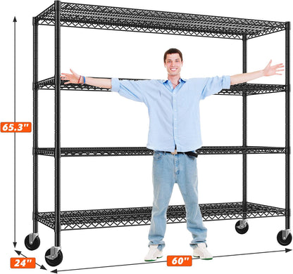 REIBII 60" W Storage Shelves 2878LBS Wire Shelving Unit with Wheels Heavy Duty Metal Shelving Adjustable Metal Shelves for Pantry,Kitchen,Garage,Basement,Business,Warehouse,60”W ×24”D×65.3”H