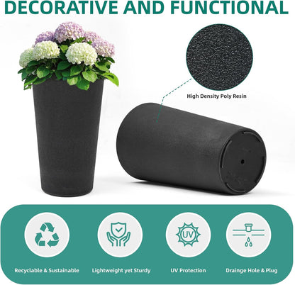 24" Tall Planters for Outdoor Plants, Set of 2 Heavy-Duty Resin Flower Pots, Matte Black Leather Grain Finish, Durable & Weather-Resistant, Ideal for Garden, Patio, Yard, Porch, or Home Use