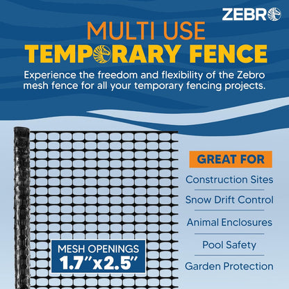 ZEBRO 4' x 100' White Plastic Garden Fence Roll – Light Duty Mesh Fencing for Temporary Fence, Snow, Garden Netting, Animal Barrier, Agricultural Fencing & Lawn Protection