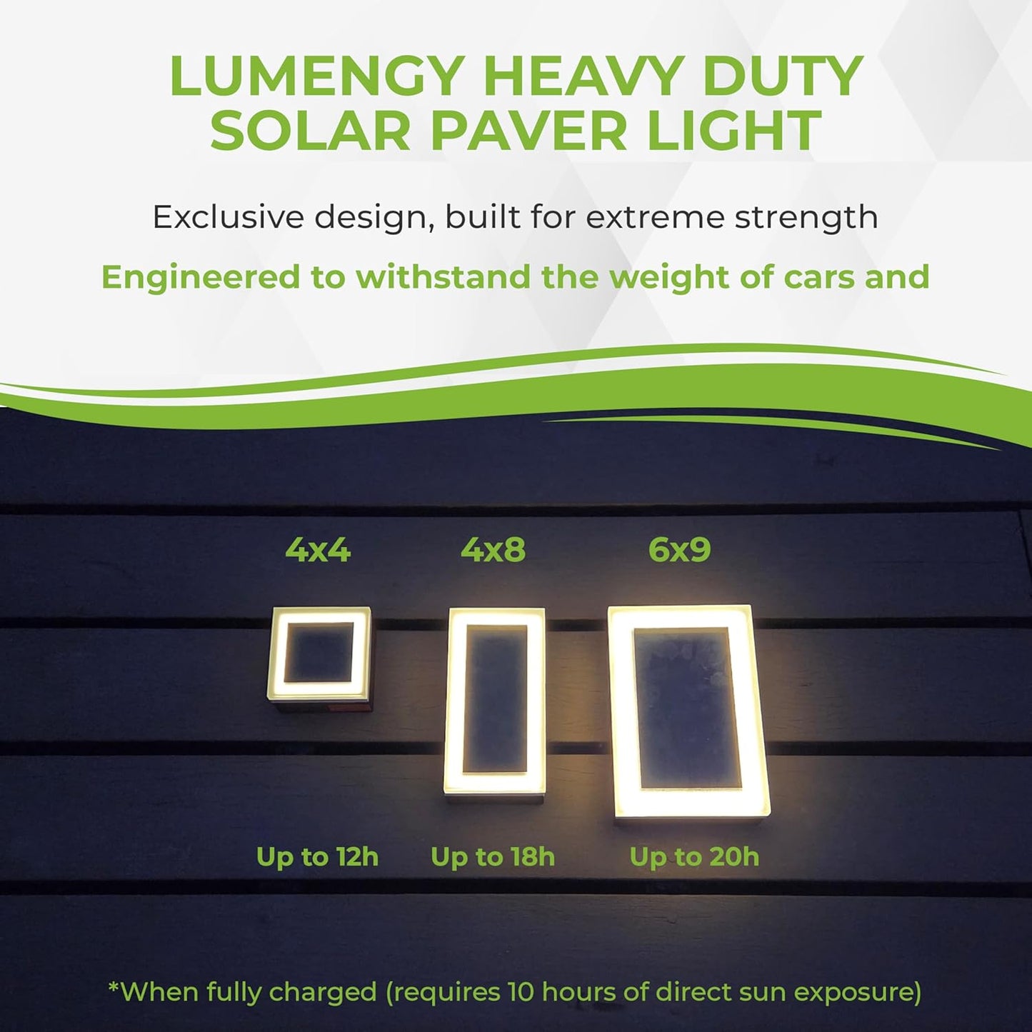 LUMENGY Solar Paver Light 6×9 inch, 2700K, Up to 20 Hours Continuous Lighting, Stainless Steel, Thick Glass, Glare-Free Illumination for Driveways, Pathways & Garden, Waterproof & Drive-Over Rated