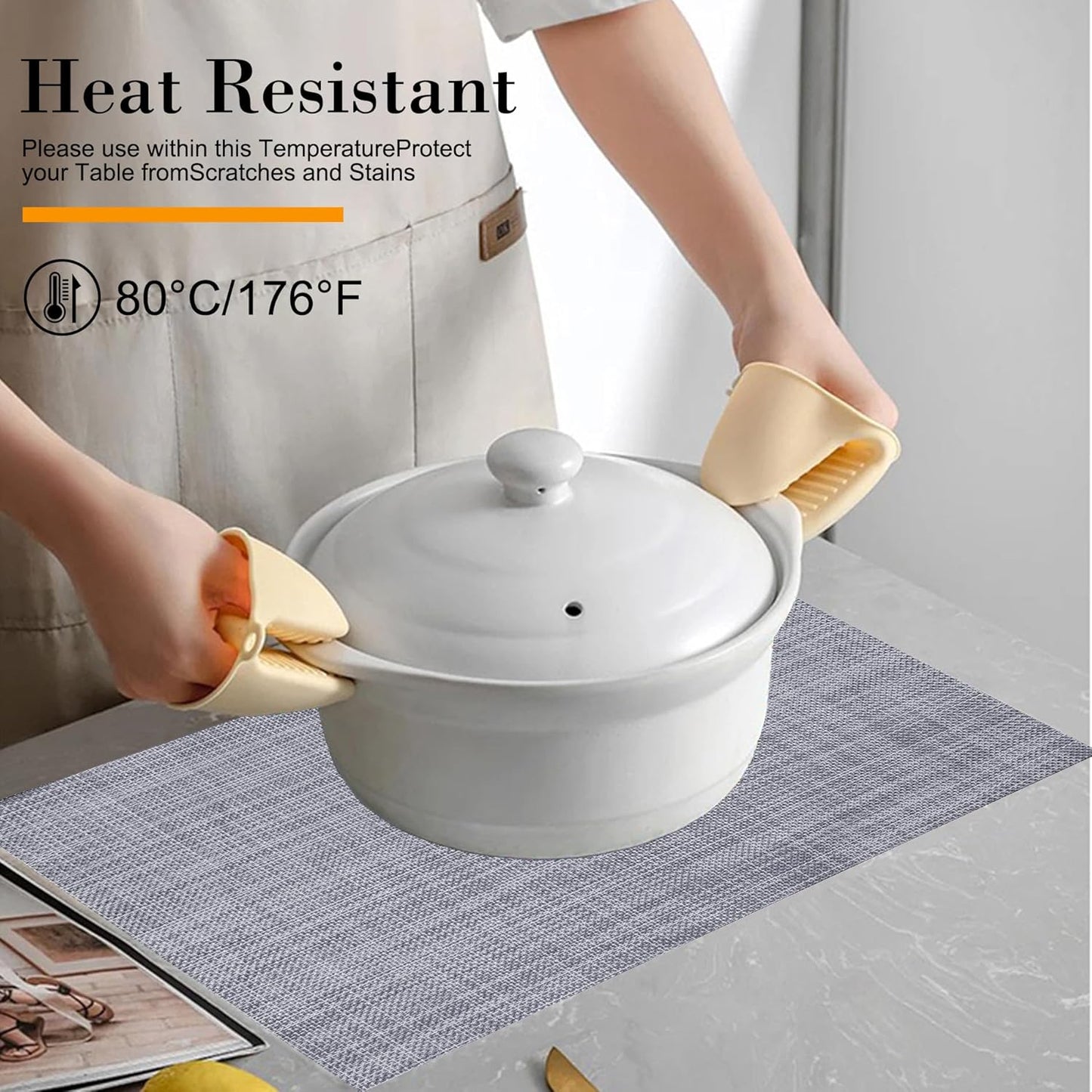 CADONO Placemats Set of 4 Washable Indoor/Outdoor Vinyl Place Mats for Dining Table Durable Non-Slip Heat Resistant PVC Weave Table Mats（Gray）